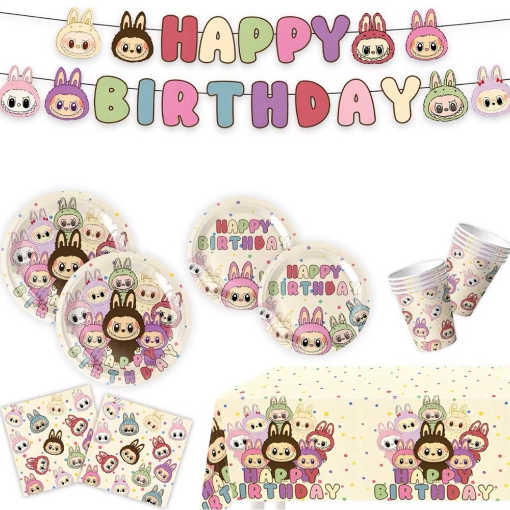 Labubu Cute Characters Happy Birthday Party Tableware Set - Pastel Multicolor